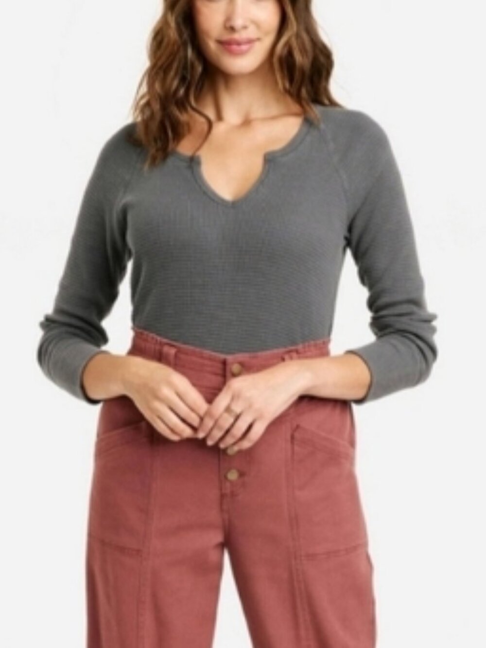 Knox Rose | Long Sleeve Notch Neck Thermal Waffle Top Long Sleeve Tee Charcoal